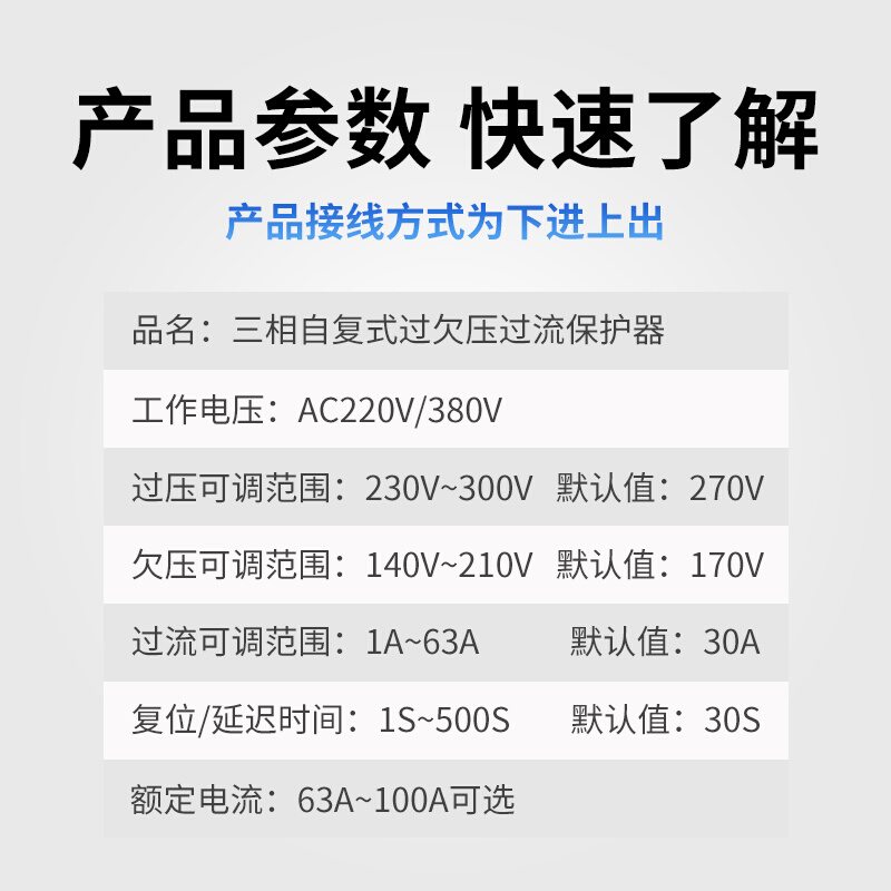 三相可调数显自复式过欠压限流保护器缺零缺相断电过流载63A380V - 图2