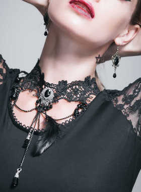 哥特花边水晶吊坠羽毛项链