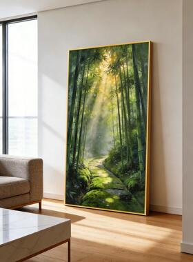 《晨曦竹林》进门玄关装饰画纯手绘绿色风景油画东墙过道走廊挂画