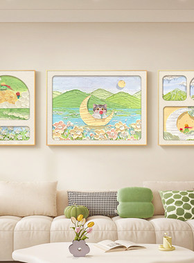 奶油风客厅装饰画油画肌理感沙发背景墙挂画治愈系风景画三联壁画