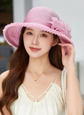 夏季薄款欧根纱花朵防晒盆帽女