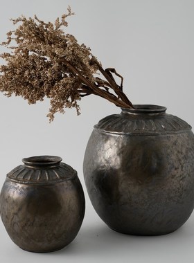 复古做旧金属釉古铜色陶瓷花瓶摆件新中式样板P间客厅茶几果盘装