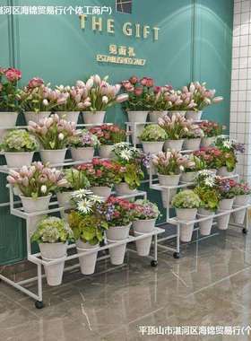 花店鲜花展示架多层阶梯花架摆花带万向轮铁艺架子花桶塑料花筒批
