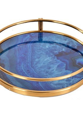 欧式现代简约玻璃收纳托盘家居装饰摆件茶具圆盘蓝V玛瑙金属工艺