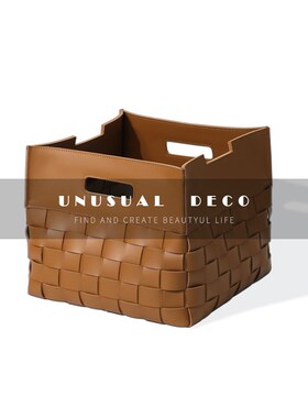 现代欧式创意编织皮革收s纳篮摆件样板间售楼处民宿卧室软装饰摆