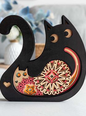 梯木叠雕爱心猫摆件情侣礼物可刻字乔迁新居装饰轻奢客厅小工艺品