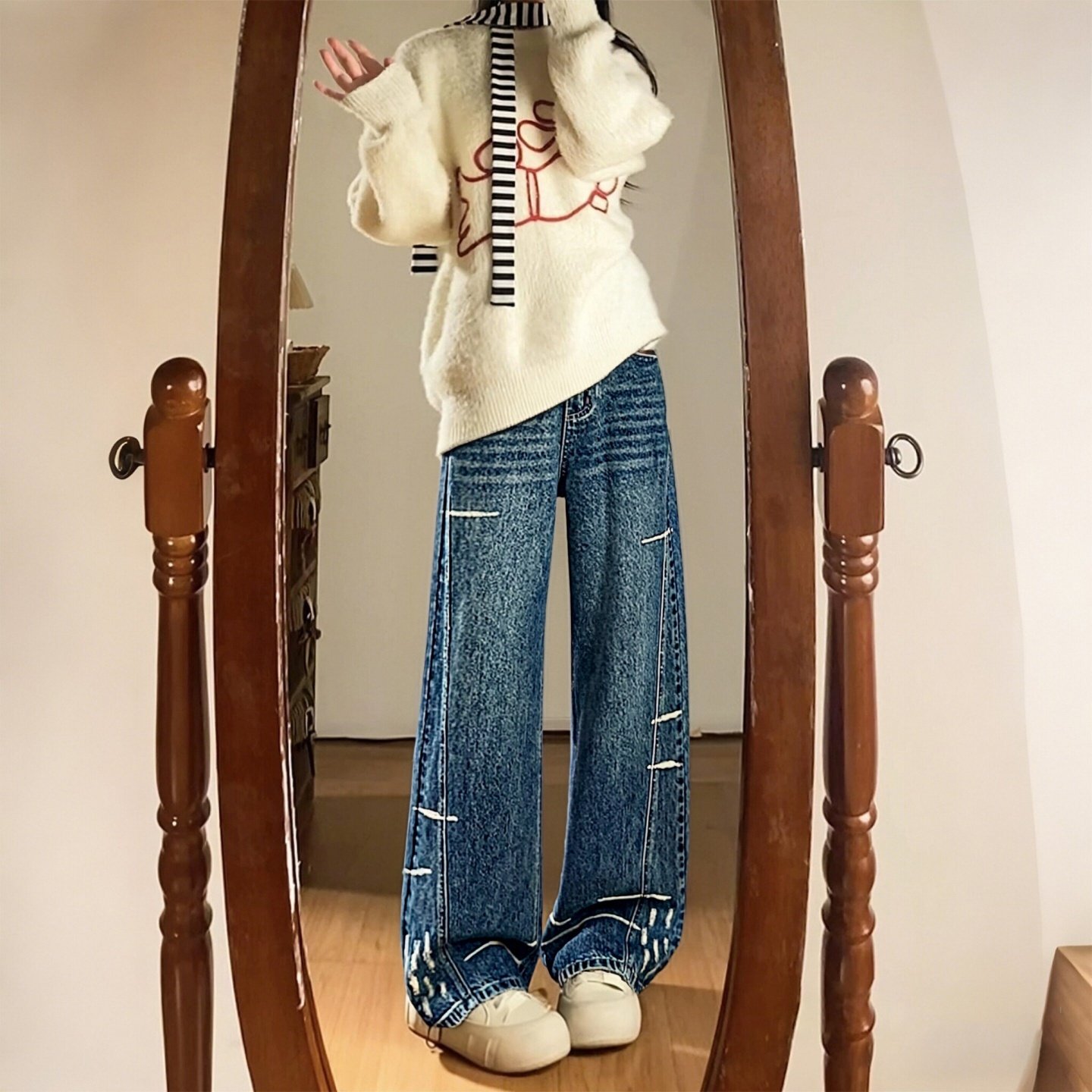 特大码女装胖mm设计感破洞阔腿牛仔裤女高腰显瘦百搭设计感直筒裤,淘宝优惠券,粉丝福利购,淘宝优惠卷