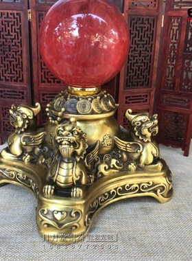 极速销黄铜纯铜四方纳财球四只貔貅驮聚宝盆O红水晶球时来转摆件