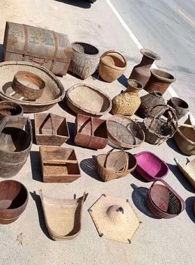 新款老物件竹编篮子木筐提筐木y桶斗笠簸箕怀旧复古传统工艺品摆