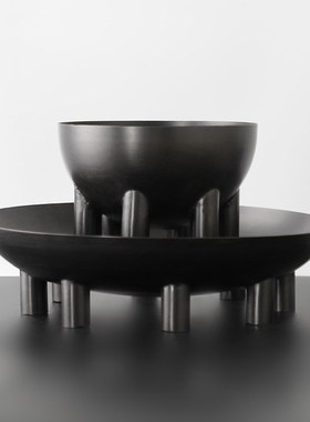 现代中式样板间黑色纯铜圆形托盘售F楼部圆形花器餐桌酒店大堂插