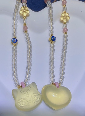 天然黄水晶磨砂九尾狐头锁骨链柠檬黄天然水晶心形吊坠闺蜜款项