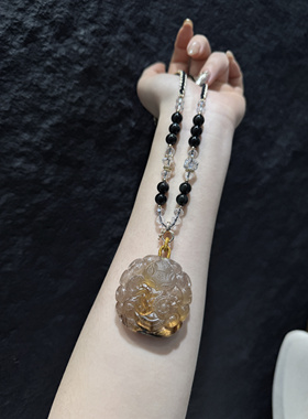 天然高货发晶九尾狐狸牌吊坠搭配曜石链子财富事业手工雕刻