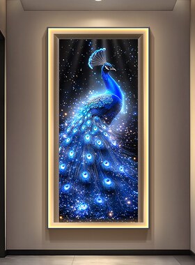 网红开屏轻奢金孔雀玄关装饰画竖版氛围灯画入户走廊招财晶瓷挂画