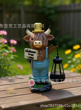 跨境  小夜灯春夏高地耗牛提灯树脂工艺品花园庭院户外装饰摆件