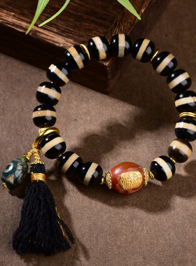 仿天然天珠银饰镶蚀线宝瓶天珠文玩手串单圈玛瑙一线佛珠黑金手链