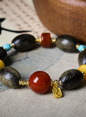 冬季上新虎皮沉香木手链手串 原创文玩战国红蜜蜡新中式手串手饰