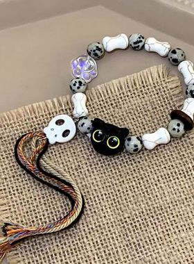 骷髅猫咪陶瓷编织手链女小众设计感甜美中国风流苏彩色手串手饰
