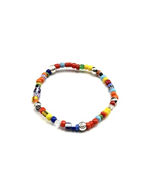 WANGWANG彩色米珠琉璃珠925纯银老鹰纹情侣4mm复古潮流银手链手串