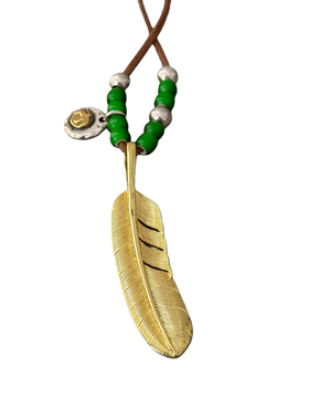 WANGWAN高桥羽毛风格925纯银镀金羽毛绿松石吊坠潮流情侣街头项链