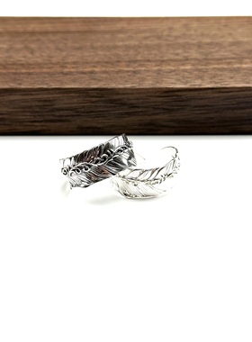 WANGWANG925纯银羽毛纹路老鹰情侣可调节银饰素银潮流戒指指环