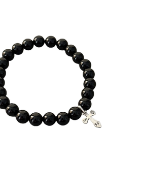 WANGWANG单银饰十字花十字架8MM黑玛瑙绿松石925纯银串珠情侣手链