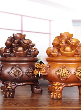 极速实木雕聚宝盆摆件办公室开业礼品新店铺收银台.装饰品摆设