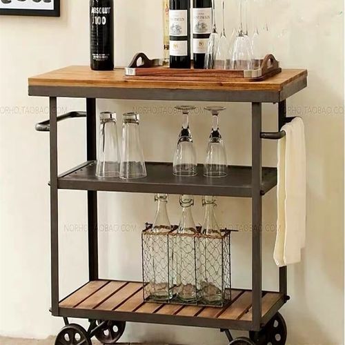 极速复古实木餐车酒水茶水手推车移动H厨房置物架三层小推车餐边 - 图0