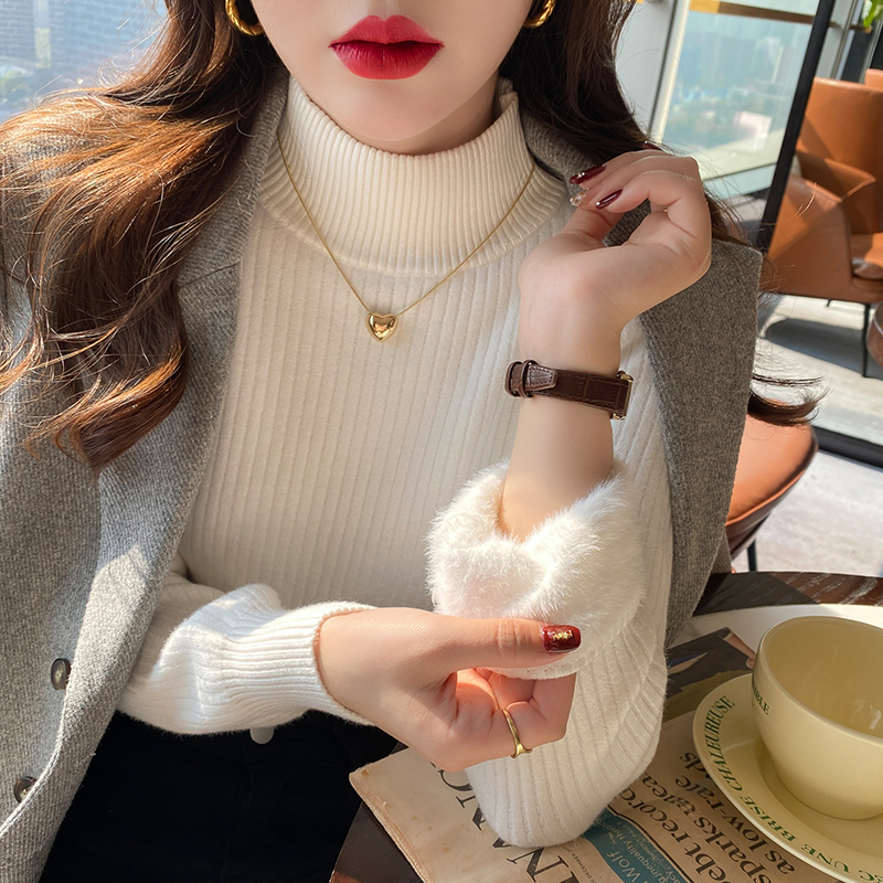 极速加绒加厚毛衣女202t3秋冬新款针织半高领打底衫一体水貂绒保 - 图1