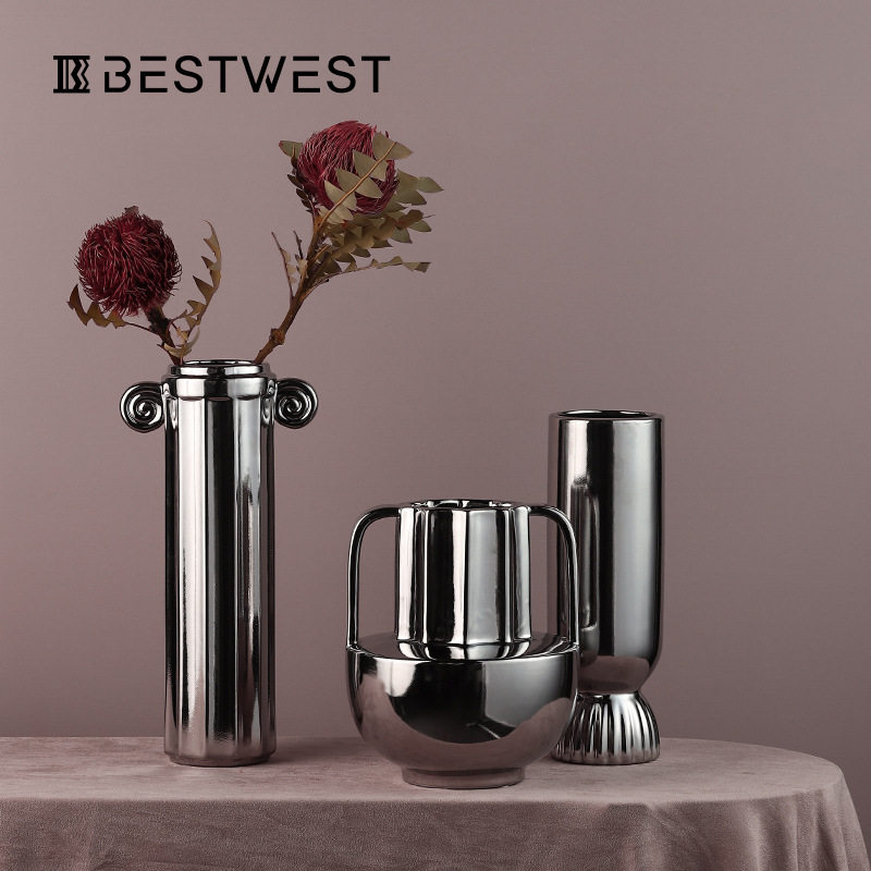 博西家居 电镀陶瓷花瓶摆件客厅电视柜餐桌干插花器样板间装饰品,淘宝优惠券,粉丝福利购,淘宝优惠卷