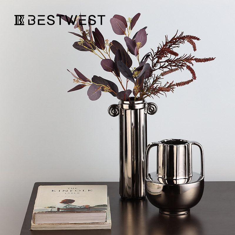 博西家居 电镀陶瓷花瓶摆件客厅电视柜餐桌干插花器样板间装饰品,淘宝优惠券,粉丝福利购,淘宝优惠卷