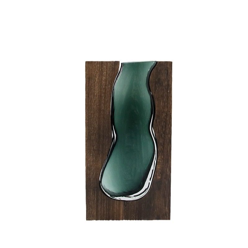 北欧原木实木透明绿色玻璃花瓶设计师款装饰家居酒店板房网红摆件,淘宝优惠券,粉丝福利购,淘宝优惠卷