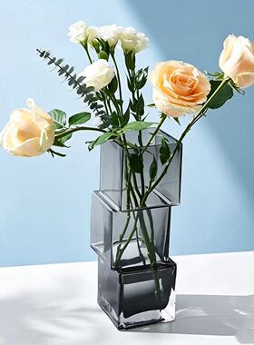 网红北欧错位方块创意轻奢花瓶玻璃透明水培鲜花装饰客厅餐桌摆件