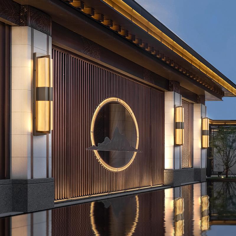 新中式壁灯客厅卧室床头灯门口过道仿云石全铜壁灯户外防水庭院灯 - 图0