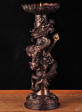 极速黄铜双龙烛j台摆件铜蜡烛台盘龙戏珠烛台家用寺庙佛堂供奉佛