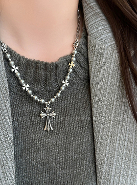 极速嘻哈珍珠十字架拼接r项链女小众设计冷淡风卫衣链2023年爆款