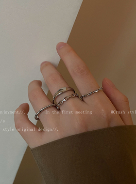 极速日系素圈套装戒指女ins小众设计冷淡风尾戒S开口可调节食指关