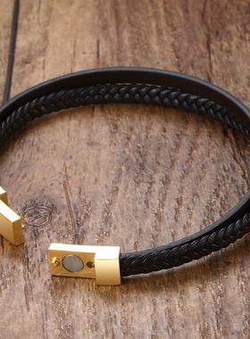 极速韩国时尚手绳钛钢真皮创意双圈手环热卖超纤皮手U镯棕色礼物B