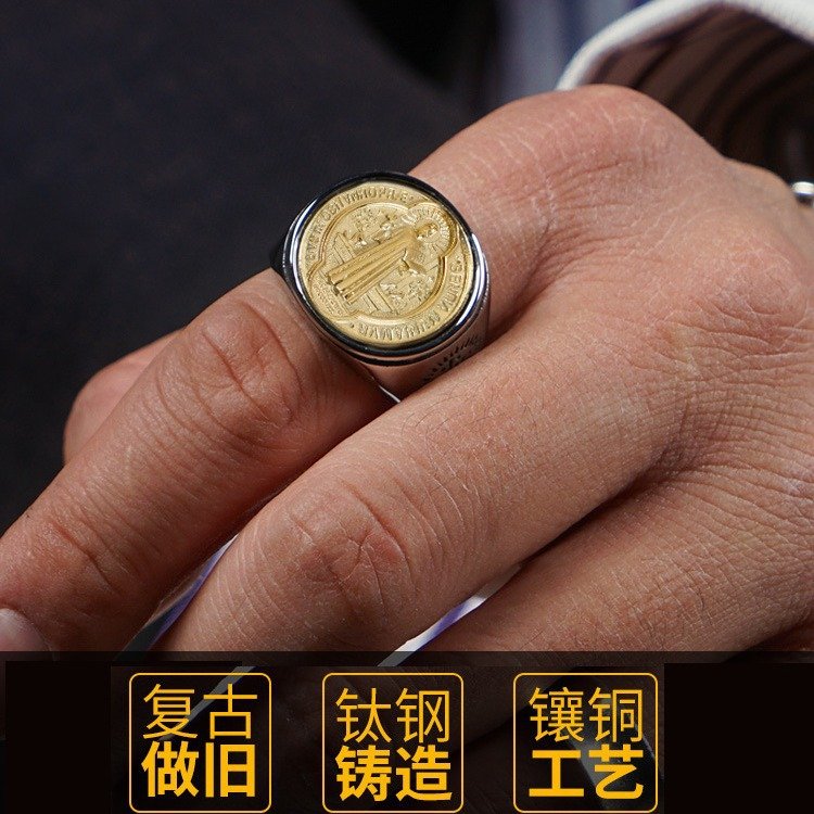 Medal titanium steel inlaid copper ring trendy men's single tail ring index finger ring European and American ins style men's ring