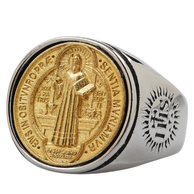 Medal titanium steel inlaid copper ring trendy men's single tail ring index finger ring European and American ins style men's ring