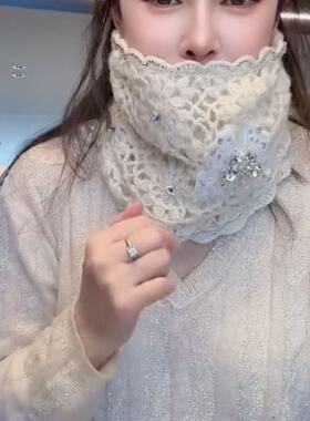 重工蝴蝶水钻钩花镂空脖套女秋季白色套头帽子两用