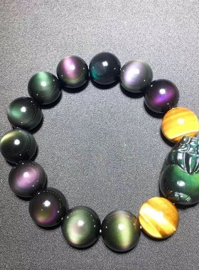 新品天然双彩虹眼黑曜石搭配直x孔小貔貅手链 黄虎圆珠单圈手串 H