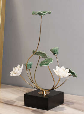新品荷花摆件陶瓷家居客厅酒柜禅意莲花电视N柜桌新中式乔迁礼物