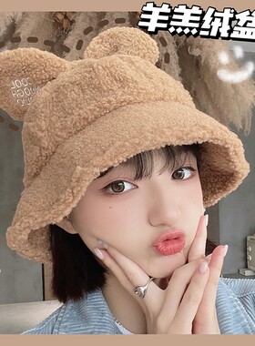 新品ins潮冬天毛绒帽r可爱盆帽女蝴蝶结日系甜美可爱帽子显脸小渔