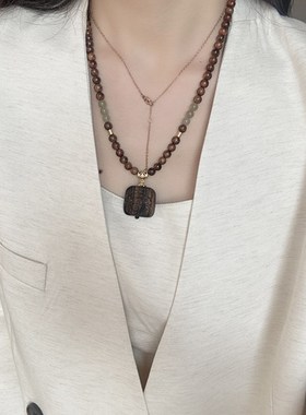 极速黑花c梨搭配沉香扎基拉姆方牌吊坠项链 天然和田玉 DM227