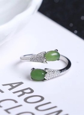 极速天然和c田碧玉双颗粒戒指 老料菠菜绿 白铜镶嵌 特价包邮 Y10