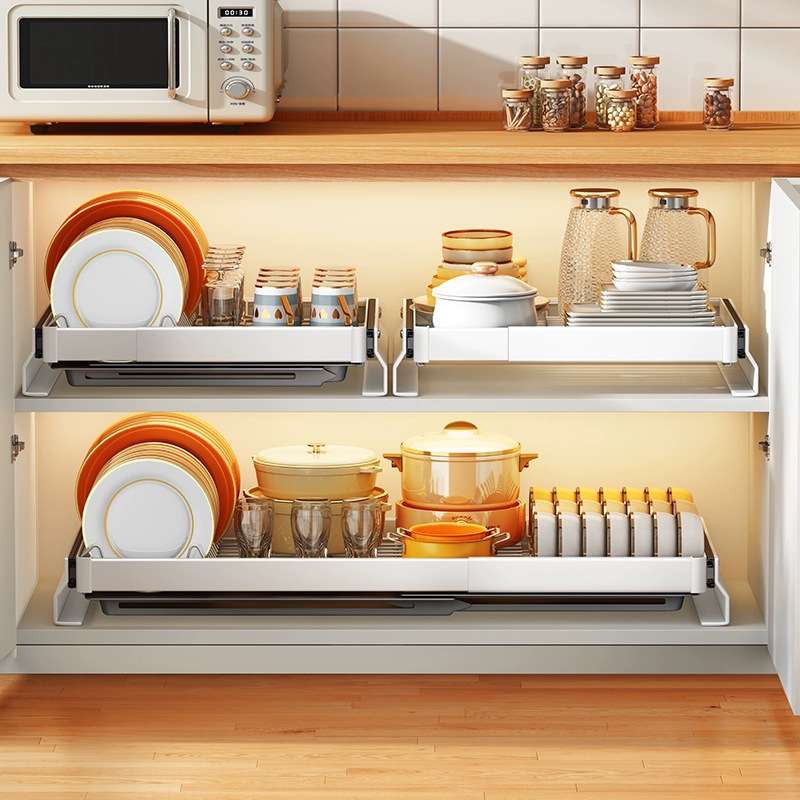 不锈钢厨房碗碟沥水架柜子伸缩拉篮抽屉式多功能双层放碗置物架子 - 图2