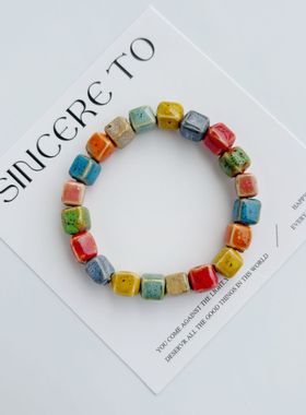 景德镇陶瓷手串陶瓷方糖系百搭可爱手链夜市摆摊爆款学生陶瓷手串