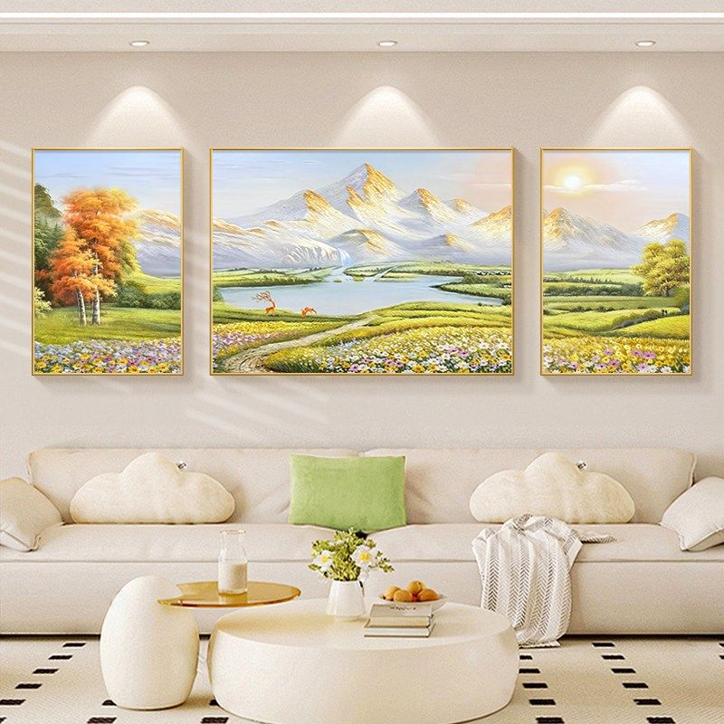 金山聚宝盆客厅装饰画山水油画沙发背景墙2025新款玄关挂画三联画,淘宝优惠券,粉丝福利购,淘宝优惠卷