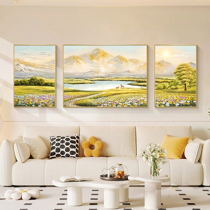金山聚宝盆客厅装饰画山水油画沙发背景墙2025新款玄关挂画三联画,淘宝优惠券,粉丝福利购,淘宝优惠卷