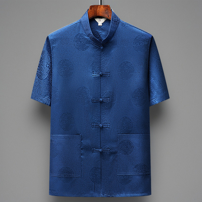 唐装男中老年人中国风夏季薄款短袖冰丝立领老人衣服爷爷生日夏装,淘宝优惠券,粉丝福利购,淘宝优惠卷